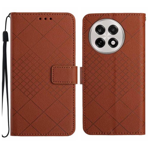 Funda de Cuero para OnePlus 13R con Textura de Cuadrícula Rómbica (Marrón)