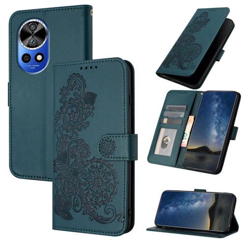 Funda de Cuero con Tapa con Relieve Flor de Datura para Huawei Nova 12 Pro/Nova 12 Ultra (Verde Oscuro)