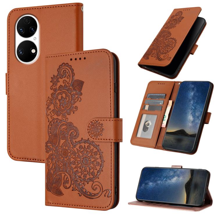 Funda de Cuero con Tapa para Huawei P50 Diseño Flor de Datura en Relieve (Marrón)