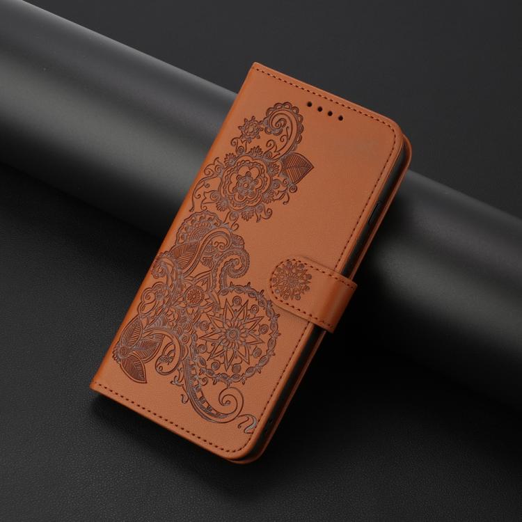 Funda de Cuero con Tapa para Huawei P50 Diseño Flor de Datura en Relieve (Marrón)