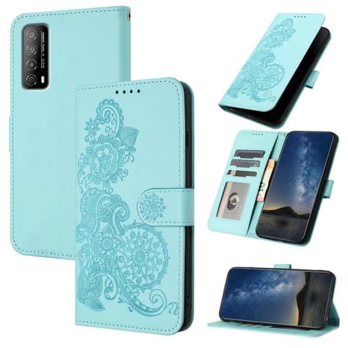 Funda de Cuero con Tapa con Relieve Flor de Datura para Huawei Enjoy 20 Se 4G (Azul Claro)