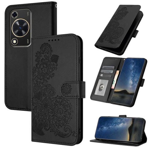 Funda de Cuero con Tapa con Relieve Flor de Datura para Huawei Nova Y72 (Negra)