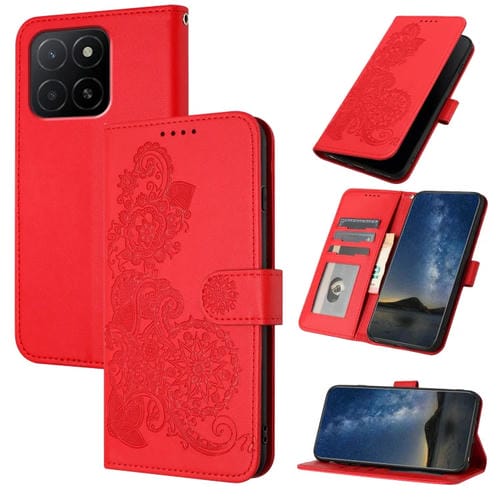 Funda de Cuero con Tapa y Relieve Flor de Datura para Honor X5B/X5B Plus (Rojo)