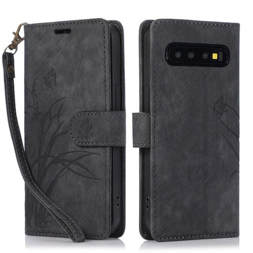 Funda de Cuero Samsung Galaxy S10 con Relieve Mariposa Orquídea (Negro)