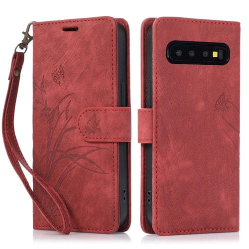 Funda de Cuero para Samsung Galaxy S10 con Relieve de Mariposa Orquídea (Rojo)