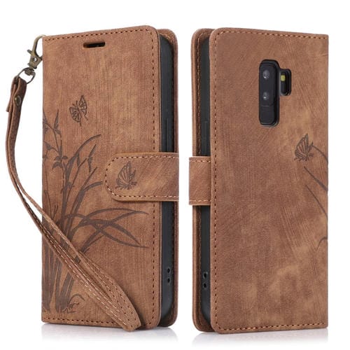 Funda para Samsung Galaxy S9 + Cuero con Relieve Mariposa Orquídea (Marrón)