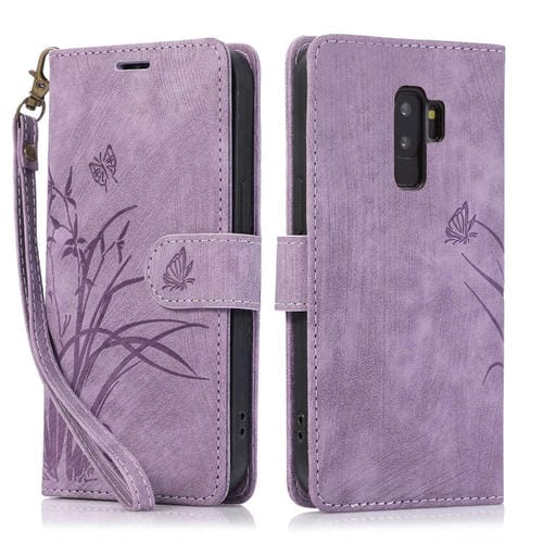 Funda de Cuero Samsung Galaxy S9 con Relieve de Mariposa Orquídea (Púrpura)