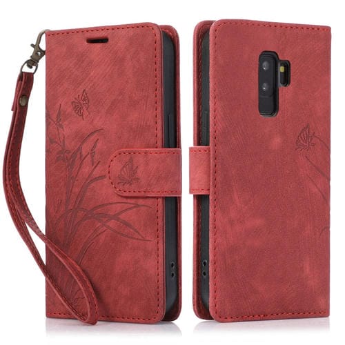 Funda para Teléfono Samsung Galaxy S9 Cuero con Relieve Mariposa Orquídea (Rojo)