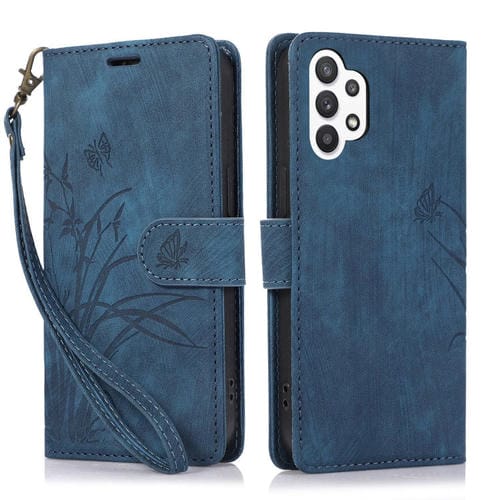 Funda para Teléfono Samsung Galaxy A13 4G y 5G Cuero con Relieve Mariposa Orquídea (Azul)