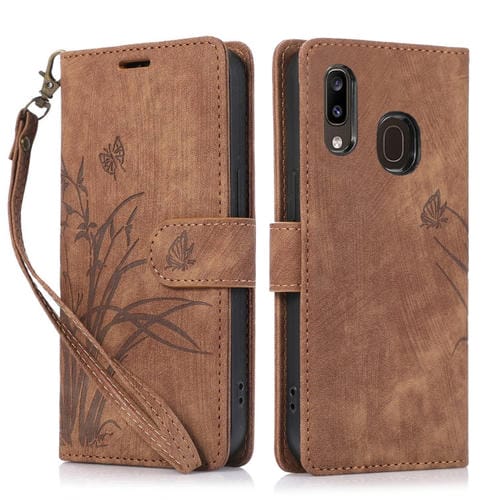 Funda para Teléfono Samsung Galaxy A20E A10E Cuero Relieve Mariposa Orquídea (Marrón)