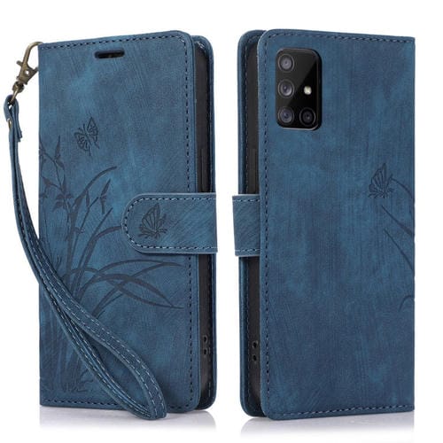 Funda para Teléfono Samsung Galaxy A71 4G Cuero con Relieve Mariposa Orquídea (Azul)