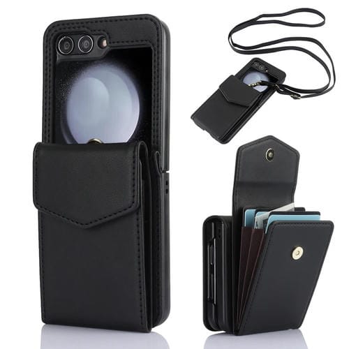Estuche plegable para Samsung Galaxy Z Flip5 con función RFID, ranuras para tarjetas y cordón largo (Negro)