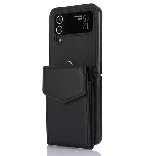 Estuche plegable para Samsung Galaxy Z Flip4 con RFID, ranuras para tarjetas y cordón largo (Negro)
