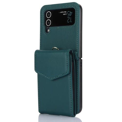 Estuche plegable para Samsung Galaxy Z Flip4 con función RFID, ranuras para tarjetas y cordón largo (Verde)