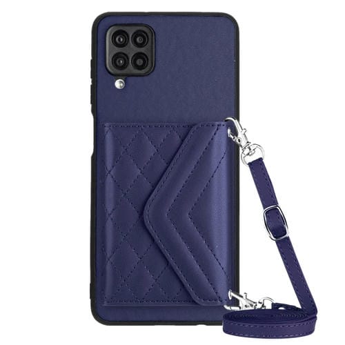 Estuche para Teléfono Samsung Galaxy A12 Rfid con Bolsa para Tarjetas Textura Rómbica Cordón Largo (Púrpura Oscuro)