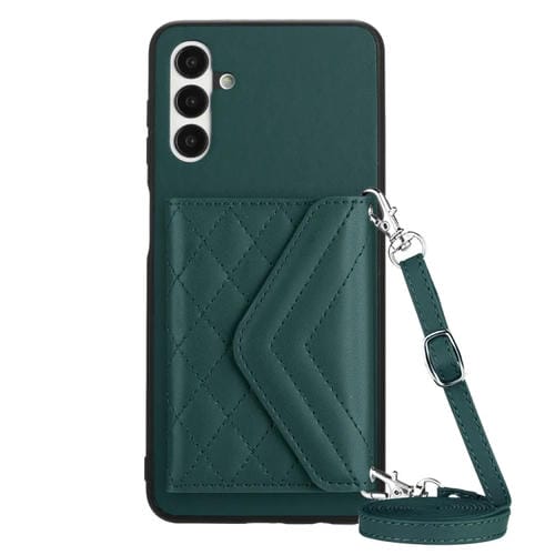 Funda para Teléfono Samsung Galaxy A13 5G / A04S Rfid con Bolsa para Tarjetas Textura Rómbica y Cordón Largo (Verde)