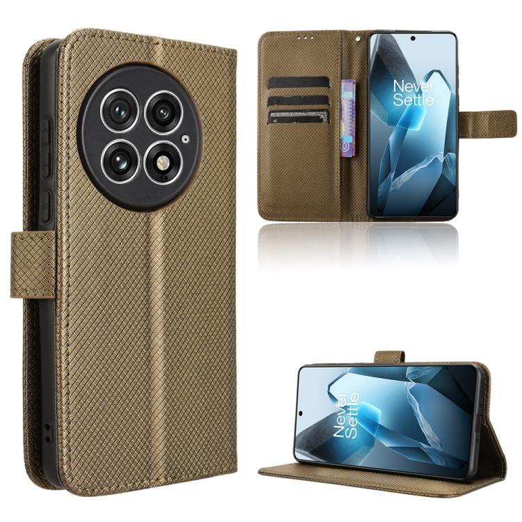 Funda de Cuero con Textura de Diamante para OnePlus 13 5G (Marrón)