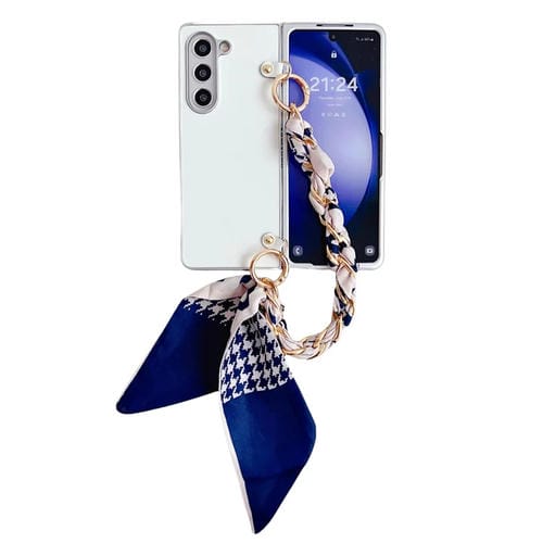 Funda para Teléfono Samsung Galaxy Z Fold3 5G Charol Metal con Pulsera Tipo Bufanda (Blanco)
