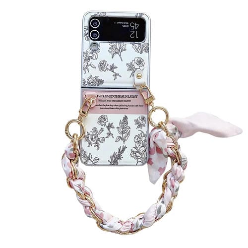 Funda para Teléfono Samsung Galaxy Z Flip4 5G PC Pintada con Pintura Nacarada y Pulsera Bufanda Diy (Flor de Bosquejo)