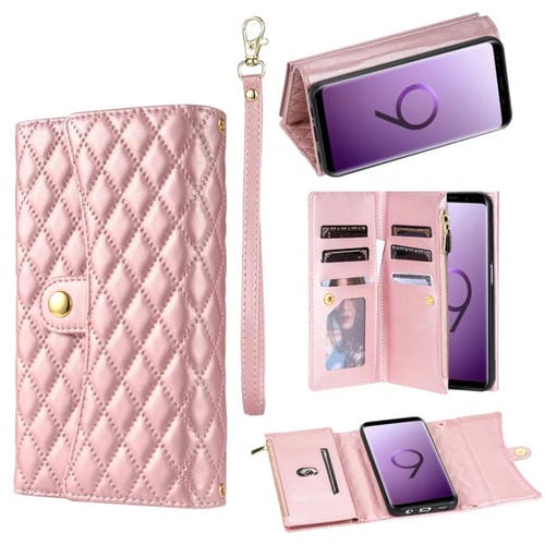 Estuche para Teléfono Samsung Galaxy S9 Cuero Rómbico con Billetera MultiTarjeta y Cremallera (Oro Rosa)