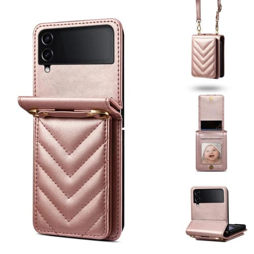Estuche para Teléfono Samsung Galaxy Z Flip4 Cuero Plegable Rómbico con Cordón Largo (Oro Rosa)