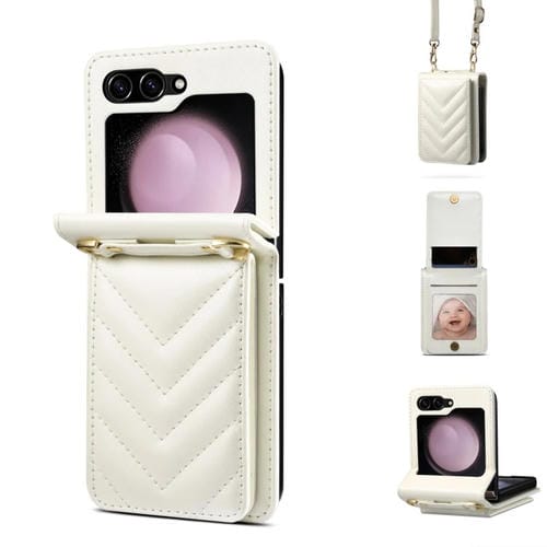 Estuche para Teléfono Samsung Galaxy Z Flip5 Cuero Plegable Rómbico con Cordón Largo (Blanco)