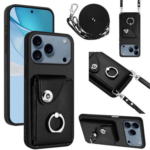 Funda para iPhone 17 Pro con tarjetero, anilla y cordón largo (negra)
