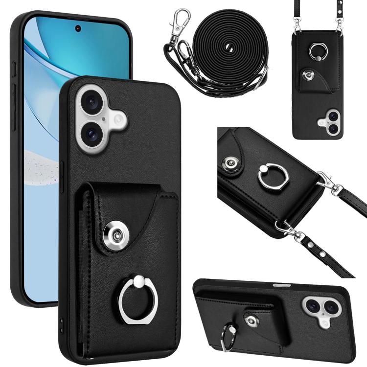 Funda para iPhone 17 con tarjetero, anillo y cordón largo (negro)