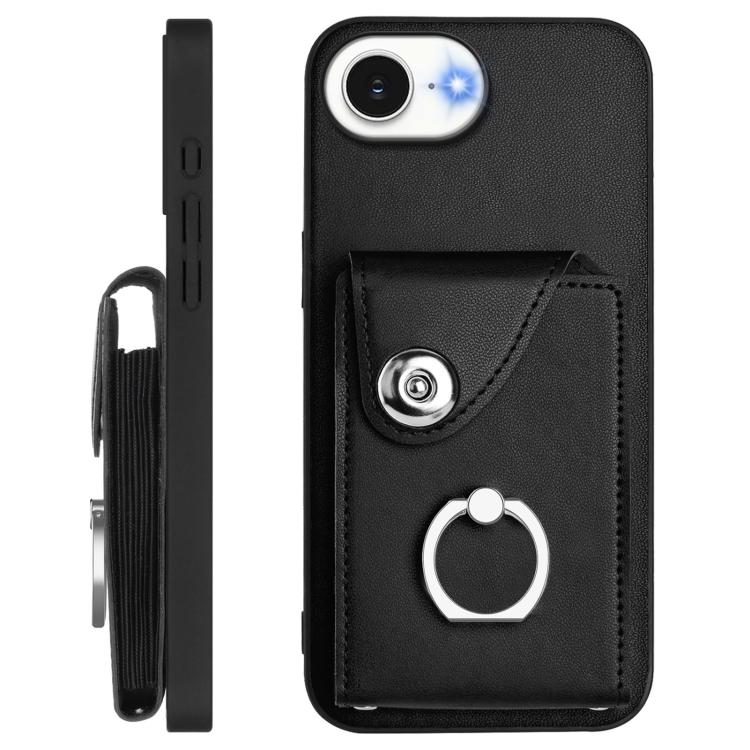 Funda para iPhone 16e con tarjetero, anilla y cordón largo (negra)