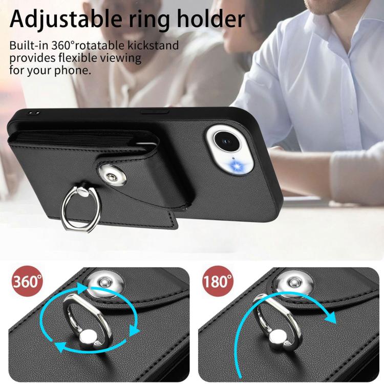 Funda para iPhone 16e con tarjetero, anilla y cordón largo (negra)