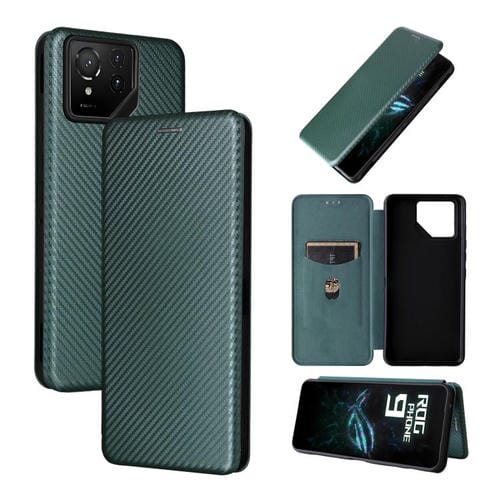 Funda de Cuero con Textura de Fibra de Carbono para Asus Rog Phone 9 (Verde)
