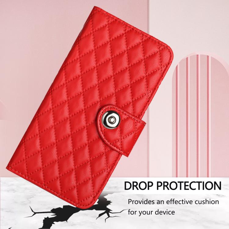 Funda de Cuero con Tapa y Textura Rómbica para OnePlus 13R Ace 5 Pro 5G con Cordón (Rojo)