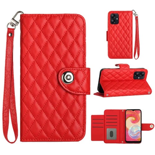 Funda para Teléfono Samsung Galaxy A04E con Tapa de Cuero Textura Rómbica y Cordón (Rojo)
