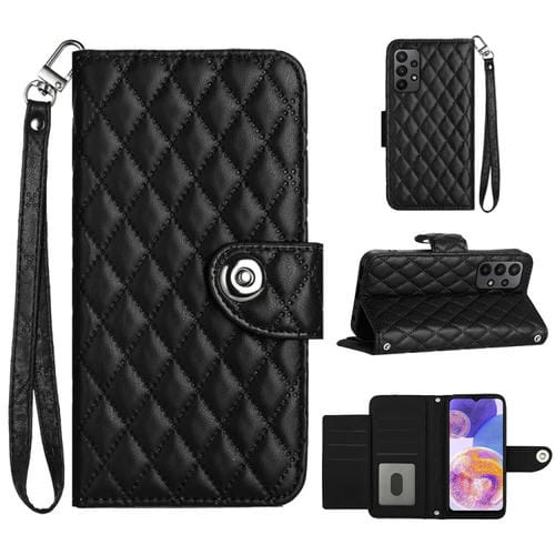 Funda para Teléfono Samsung Galaxy A23 4G F23 5G Cuero Textura Rómbica Tapa Cordón (Negro)