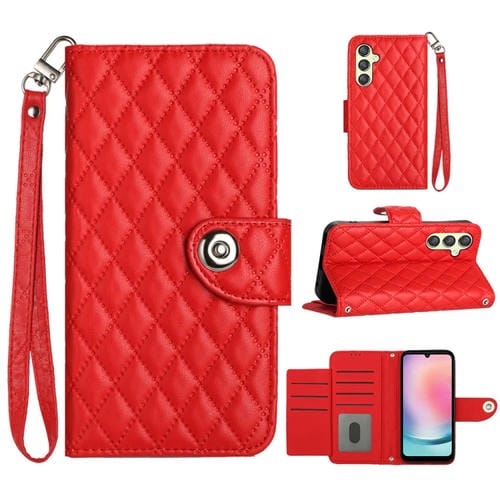 Funda de Cuero para Samsung Galaxy A34 con Tapa Textura Rómbica y Cordón (Rojo)