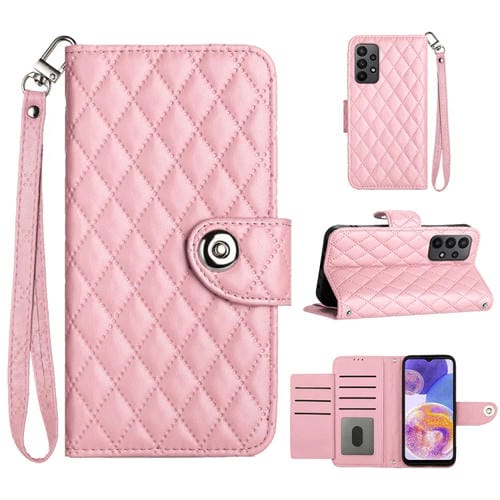 Funda para Teléfono Samsung Galaxy A52 4G 5G con Tapa de Cuero Textura Rómbica y Cordón (Rosa)