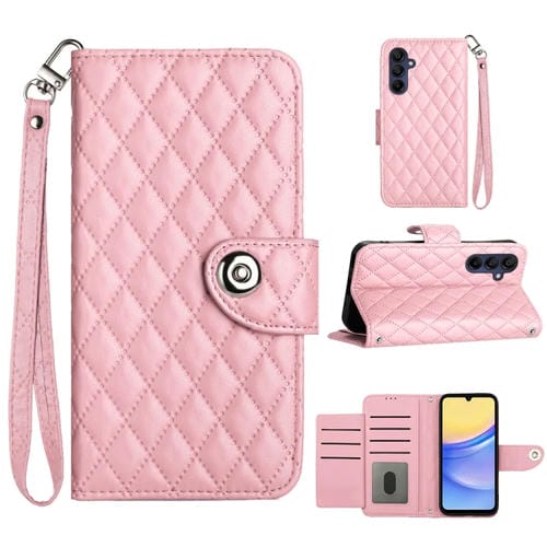 Funda de Cuero para Samsung Galaxy A55 con Tapa Textura Rómbica y Cordón (Rosa)
