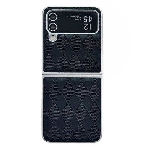 Funda para Teléfono Samsung Galaxy Z Flip3 5G Cuero a Cuadros con Pintura Nacarada y Forma de Diamante (Negro)