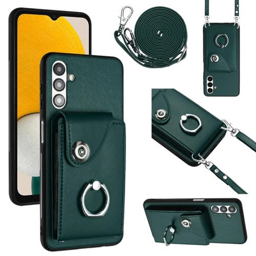 Funda para teléfono Samsung Galaxy A13 5G A04S con Soporte para Anillo y Bolsa para Tarjeta con Cordón Largo (Verde)