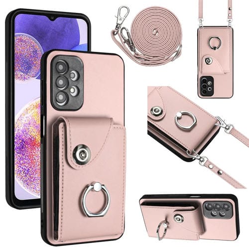 Funda para Teléfono Samsung Galaxy A13 4G con Soporte para Anillo y Bolsa para Tarjeta con Cordón Largo (Rosa)