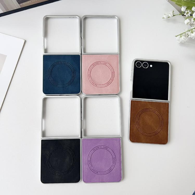 Funda para Samsung Galaxy Z Flip7 5G con textura de cuero y pintura perlada MagSafe, a prueba de golpes (marrón)