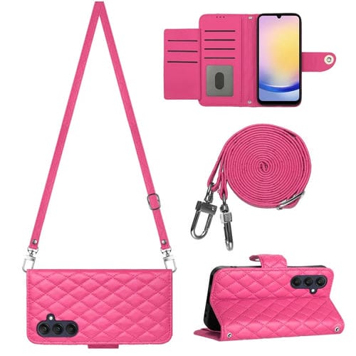 Funda de Cuero para Samsung Galaxy A55 con Tapa Textura Rómbica y Cordón Largo (Rojo Rosa)