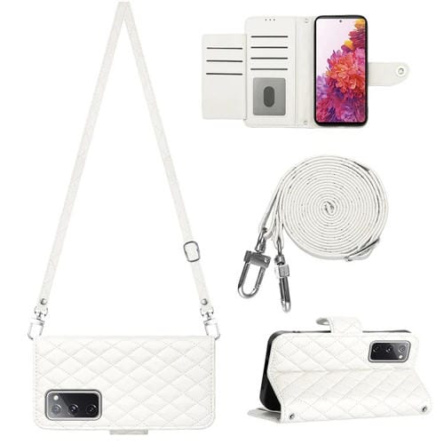 Estuche para Teléfono Samsung Galaxy S20 FE con Tapa de Cuero Textura Rómbica y Cordón Largo (Blanco)
