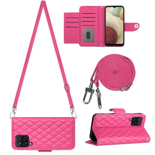 Funda para Teléfono Samsung Galaxy A12 / M12 con Tapa de Cuero Textura Rómbica y Cordón Largo (Rojo Rosa)