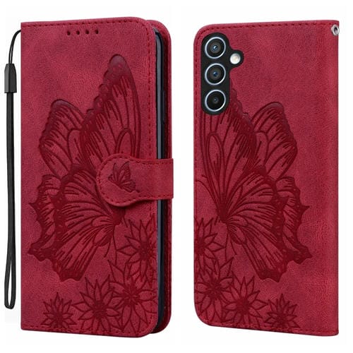 Funda para Teléfono Samsung Galaxy A55 5G Cuero con Tapa Horizontal y Diseño Mariposas (Rojo)