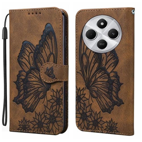Funda de Cuero con Tapa Horizontal y Diseño de Mariposas En Relieve con Tacto Retro para Redmi A4 5G (Marrón)