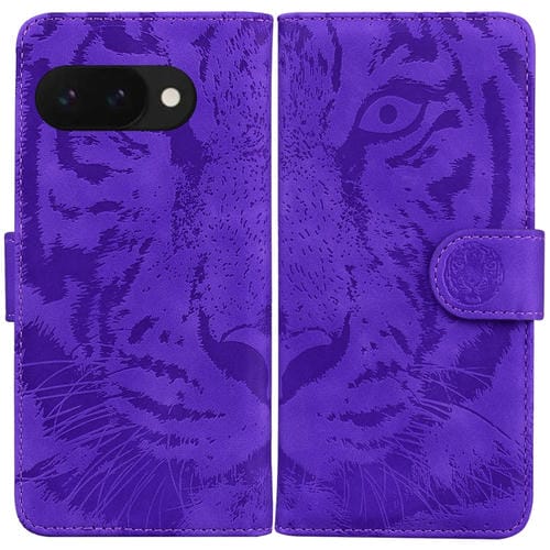 Funda de Cuero con Tapa y Estampado de Tigre para Google Pixel 9A (Morado)