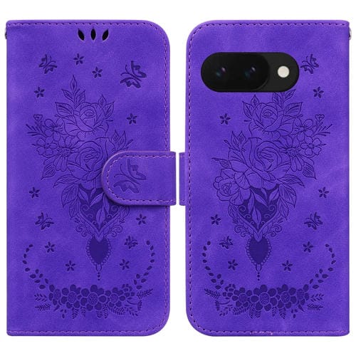 Funda de Cuero con Relieve Mariposa y Rosa para Google Pixel 9A (Morado)