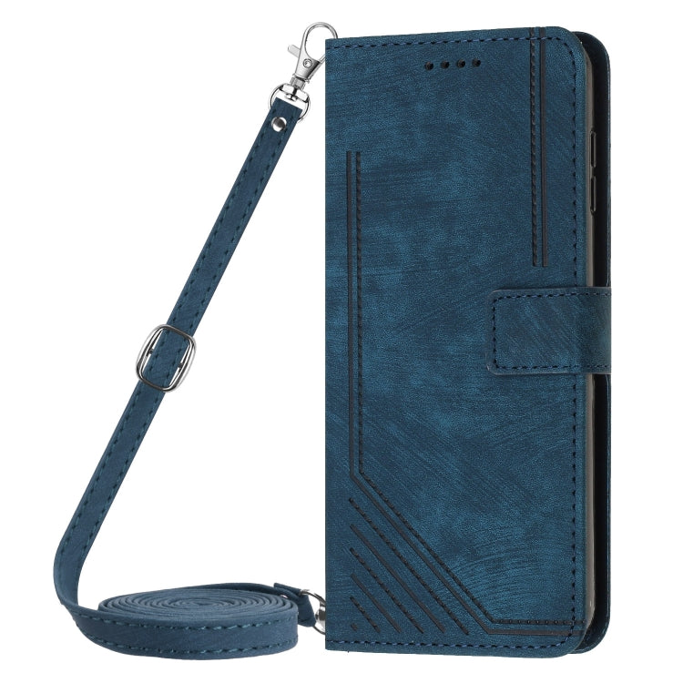 Funda de Cuero para OnePlus 13 con Patrón de Rayas y Cordón (Azul)