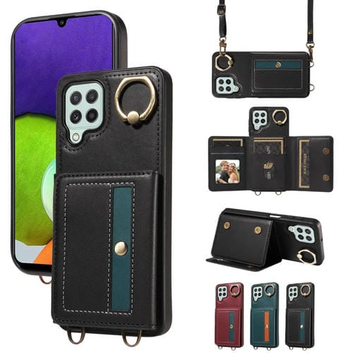 Funda para Samsung Galaxy A12 Crossbody Wallet Bag Ring Holder Cuero (Negro)